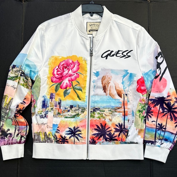New GUESS Men's Vibrant Graphic Bomber Jacket SZ M